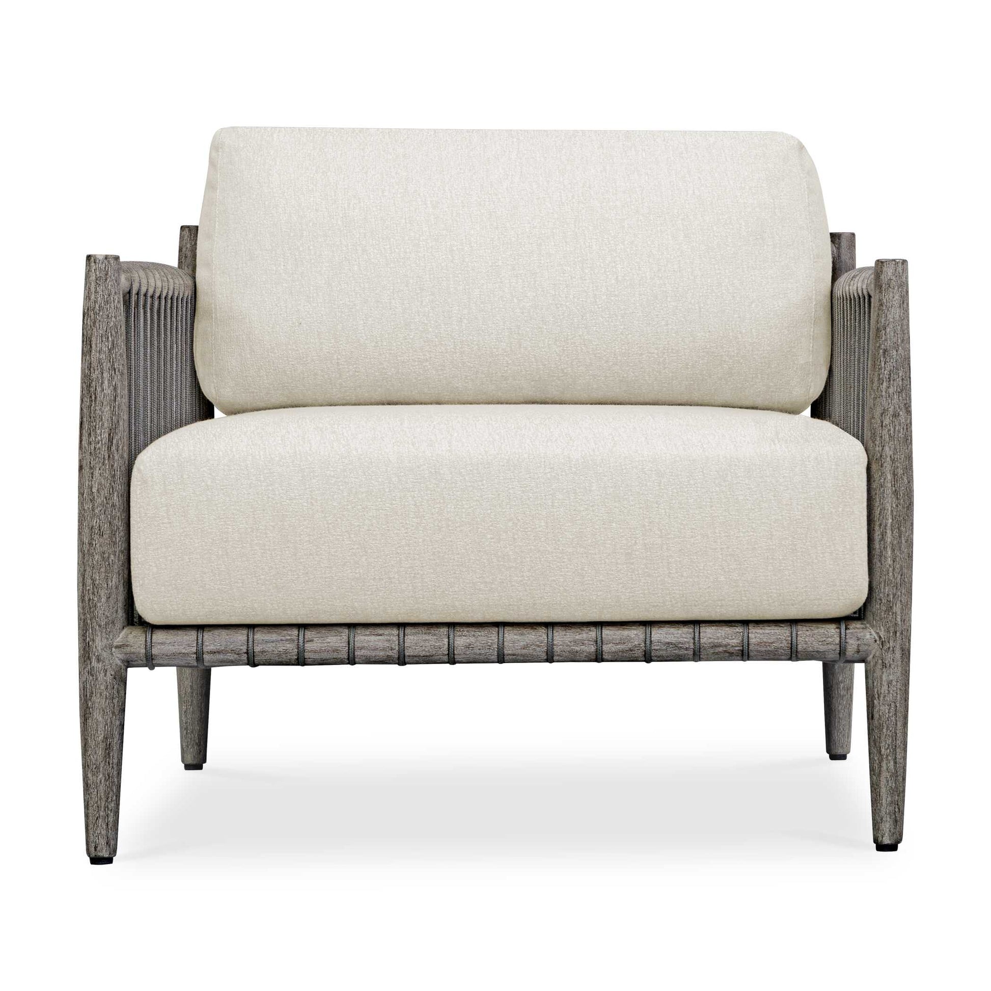 Crafted From Rich, Weathered Dark Gray Mahogany And Adorned With Hand Wrapped Rope Along The Sides, The Borneo Lounge Chair Offers A Touch Of Rustic Elegance. Oyster White Cushions In Solution Dyed Acrylic Fabric Provide A Comfortable Contrast To The Natural Wood And Woven Accents.