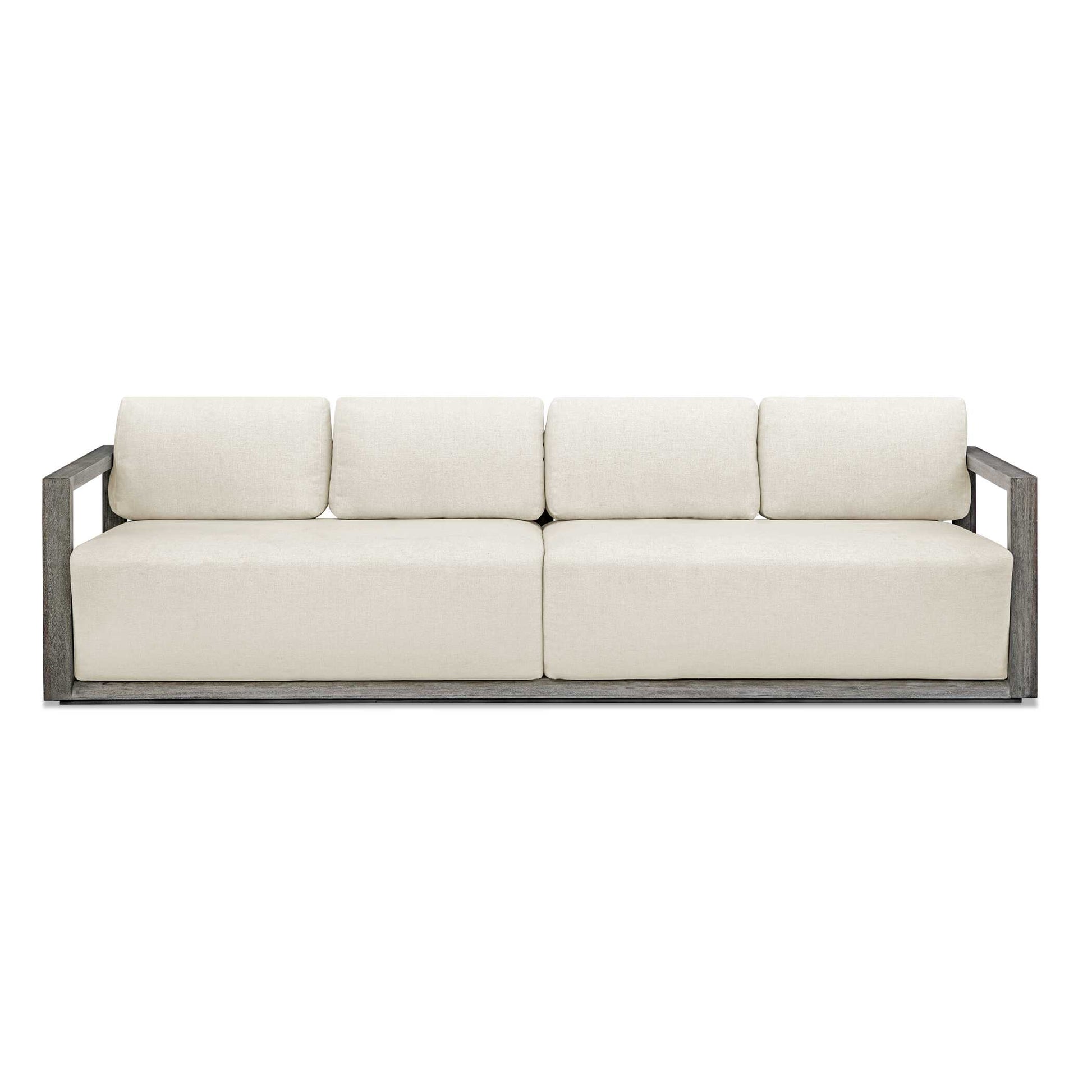 The Remsen Outdoor Sofa Features A Striking Architectural Frame With Smooth Interior Curves That Give A Sculptural Presence. Constructed Of Solid Mahogany Wood In A Weathered Gray Finish With Wire-brushed Details. Its Generously Cushioned Floating Seat, Upholstered In An Oyster White Solution Dyed Acrylic Fabric, Is Designed To Withstand The Moisture And Dirt That Comes With Outdoor Use. Solid Wood Will Continue To Move With Temperature And Humidity Changes, Which Can Result In Cracks And Uneven Surfaces, A