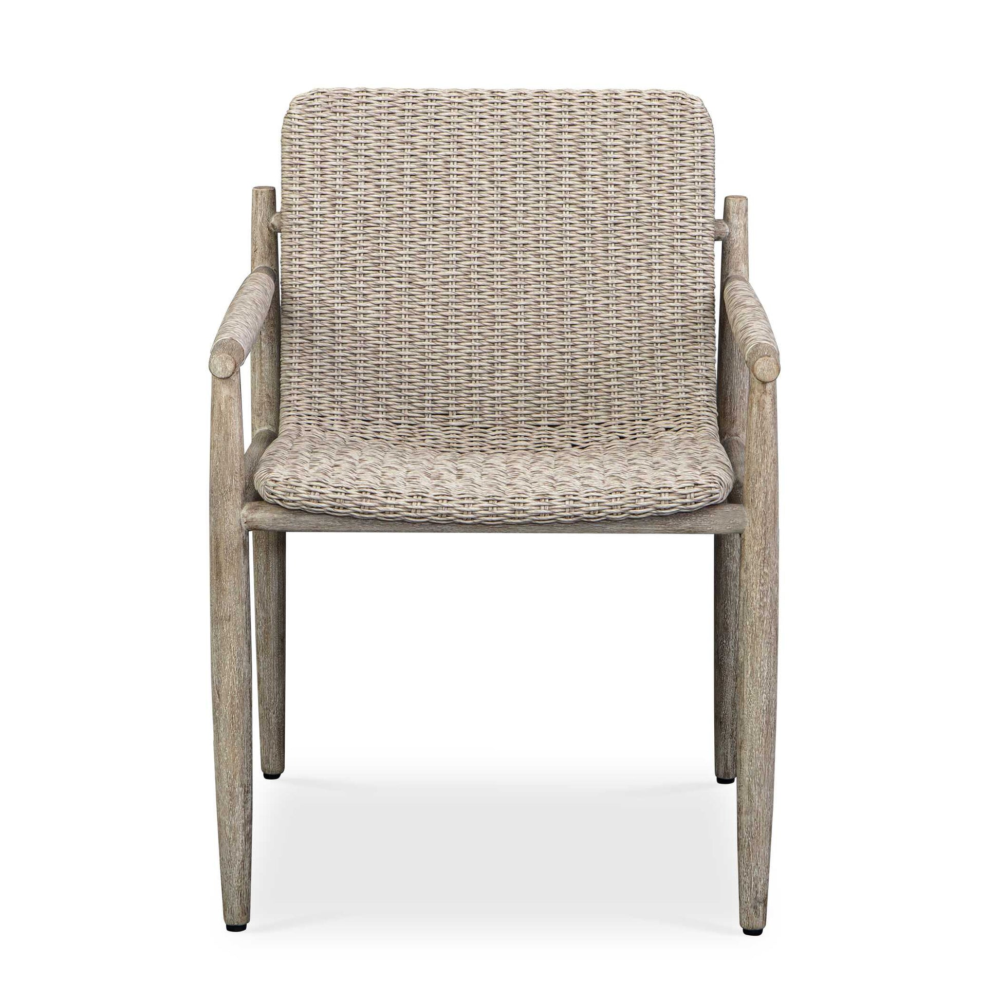 Indulge In Comfort With The Stylish Sumba Outdoor Dining Chair. The Continuous Scooped Seat In Light Gray All-weather Wicker Offers A Relaxing Feel, Cradled By The Durable Mahogany Wood Frame Finished In Cerused Wheat, Ensuring Long-lasting Use.