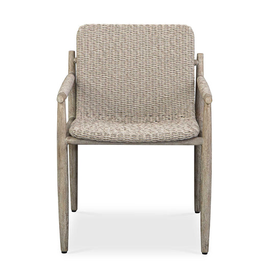 Indulge In Comfort With The Stylish Sumba Outdoor Dining Chair. The Continuous Scooped Seat In Light Gray All-weather Wicker Offers A Relaxing Feel, Cradled By The Durable Mahogany Wood Frame Finished In Cerused Wheat, Ensuring Long-lasting Use.