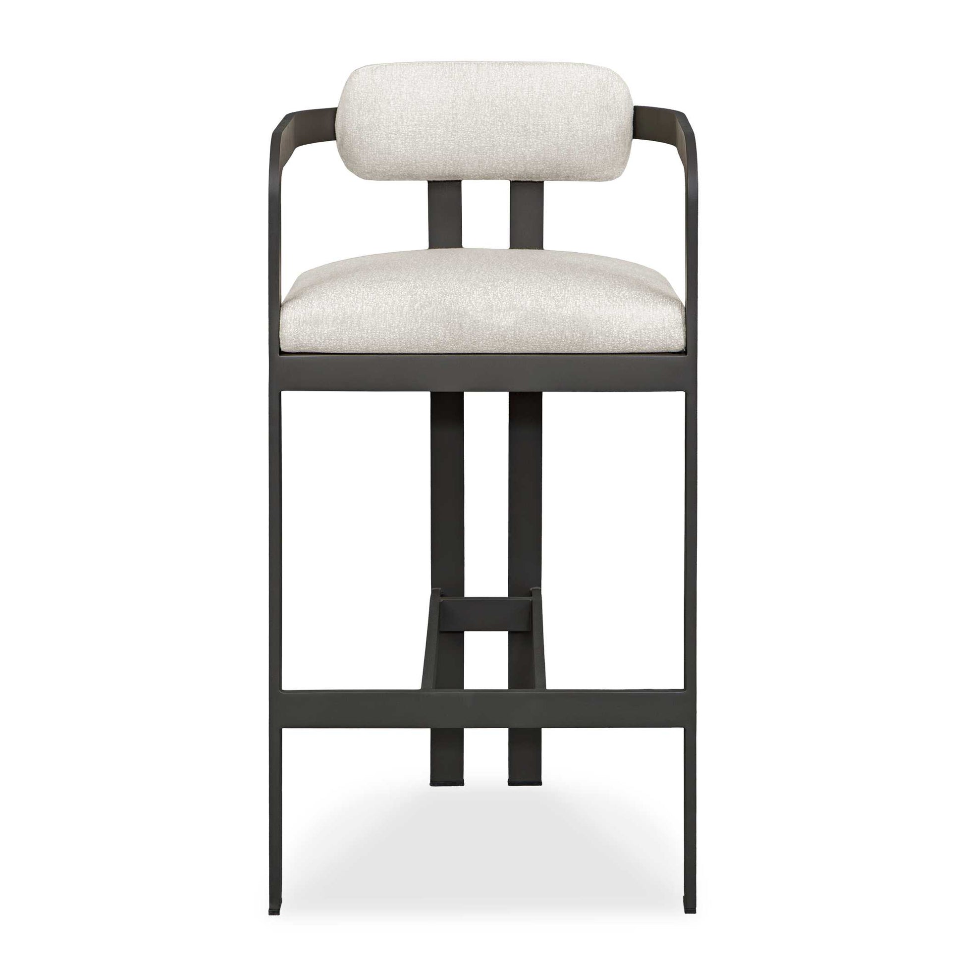 The Kalmar Outdoor Bar Stool Boasts A Sturdy, Powder Coated Steel Frame In A Sleek Java Black Finish Offering A Comfortable And Stylish Seating Solution For Outdoor Entertaining. The Seat And Floating Back Are Upholstered In Oyster White Solution Dyed Acrylic Fabric That Is Constructed To Withstand The Moisture And Dirt That Comes With Outdoor Use.