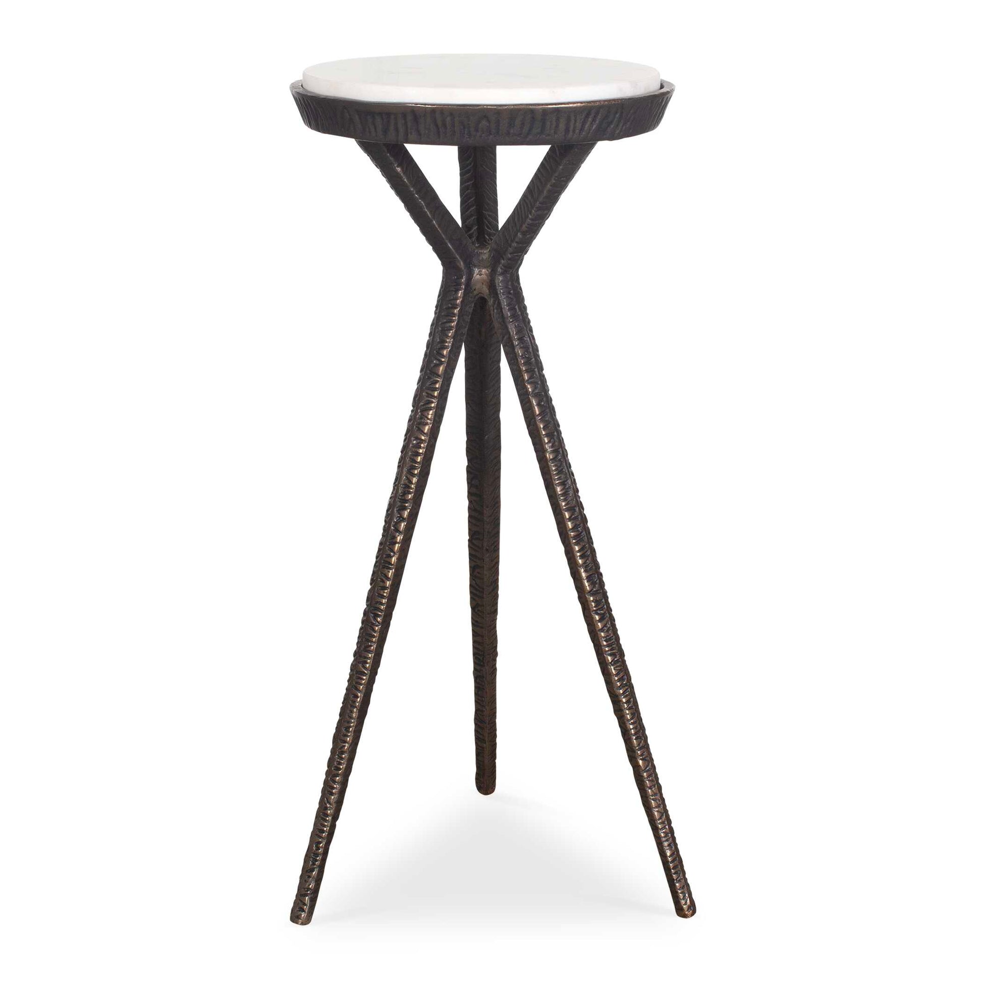 The Tilton Accent Table Features A Striking Geometric Aluminum Base With A Hand-forged Chiseled Texture, Finished In A Worn, Dark Bronze. The Tabletop Is Adorned With A Captivating White Marble Slab With Gray Veining. Due To The Nature Of Natural Stone, Every Piece Will Vary Slightly Ensuring Yours Is Unique.