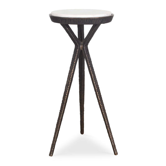 The Tilton Accent Table Features A Striking Geometric Aluminum Base With A Hand-forged Chiseled Texture, Finished In A Worn, Dark Bronze. The Tabletop Is Adorned With A Captivating White Marble Slab With Gray Veining. Due To The Nature Of Natural Stone, Every Piece Will Vary Slightly Ensuring Yours Is Unique.