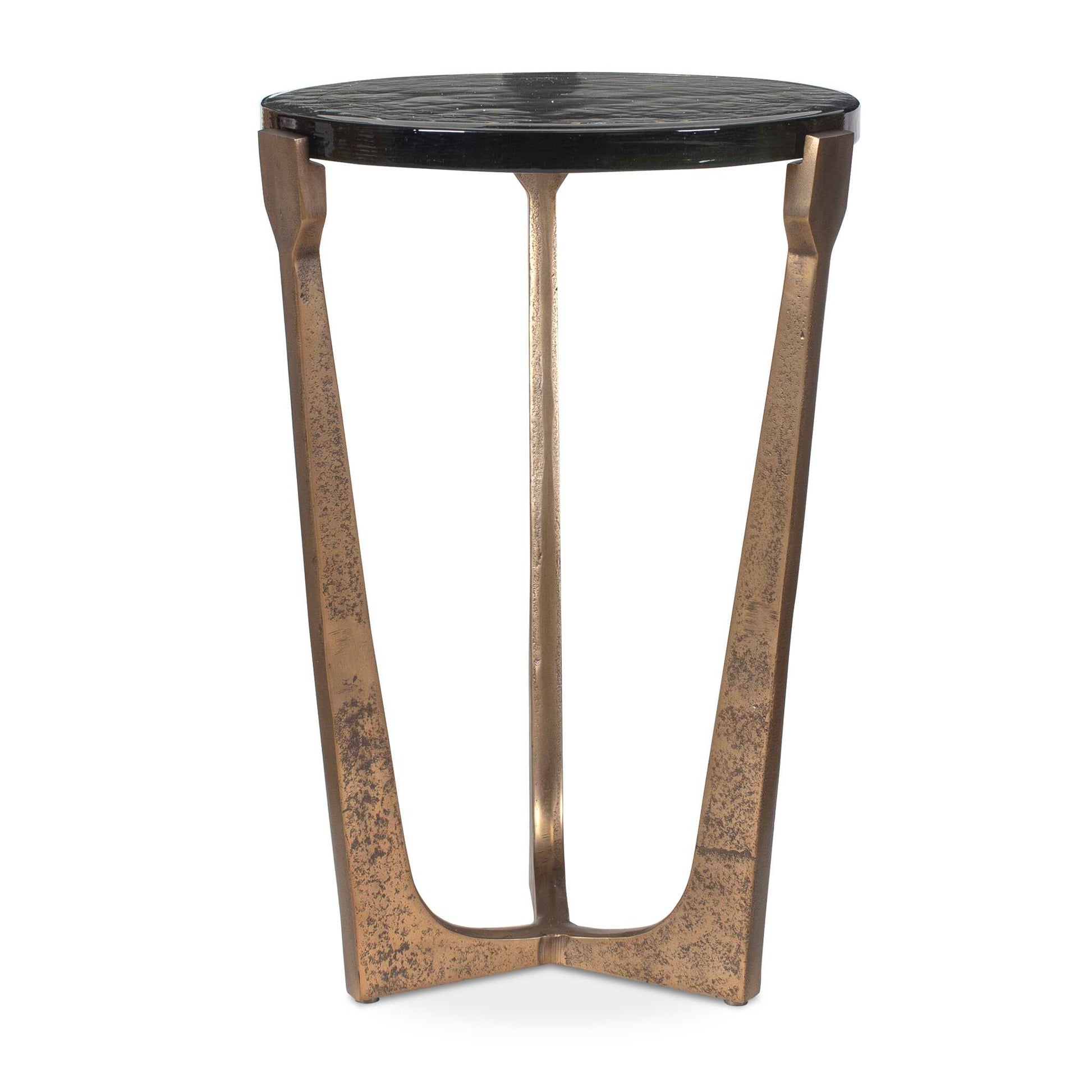 Crafted From A Combination Of Antique Brass Finished Cast Aluminum And Rich Cast Glass, This Accent Table Showcases Exquisite Craftsmanship. The Warm Tones Of The Brass Frame Complement The Unique Texture Of The Glass Top, Creating A Truly Captivating Piece. Suitable For Both Indoor And Outdoor Use.