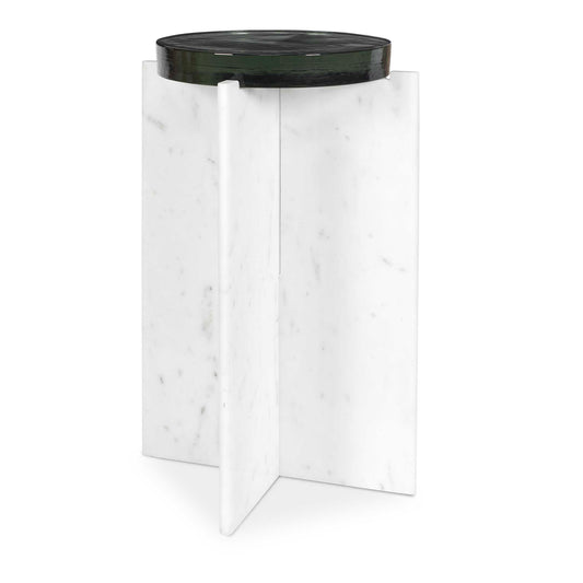 This Luxurious Accent Table Boasts A Captivating Design With An X-shaped White Marble Base With Gray Veining And A Thick Cast Glass Top. Due To The Nature Of Natural Stone, Every Piece Will Vary Slightly Ensuring Yours Is Unique. Suitable For Both Indoor And Outdoor Use.