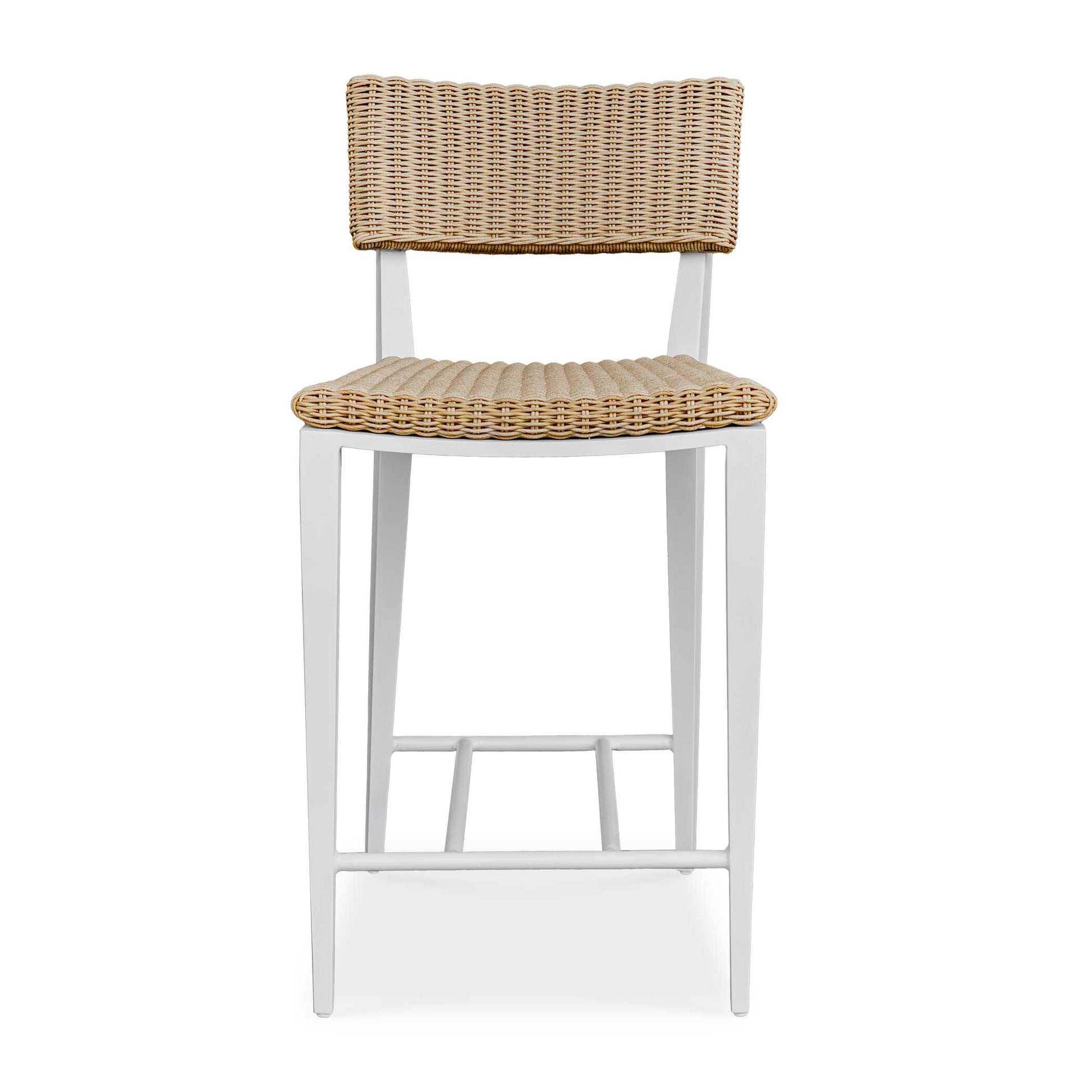 The Calbas Counter Stool Perfectly Blends Style And Comfort. The Crisp White, Powder Coated Aluminum Frame And Hand Wrapped, Honey Toned All-weather Wicker Create A Harmonious Look That Will Enhance Any Outdoor Setting.