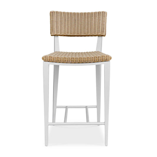 The Calbas Counter Stool Perfectly Blends Style And Comfort. The Crisp White, Powder Coated Aluminum Frame And Hand Wrapped, Honey Toned All-weather Wicker Create A Harmonious Look That Will Enhance Any Outdoor Setting.