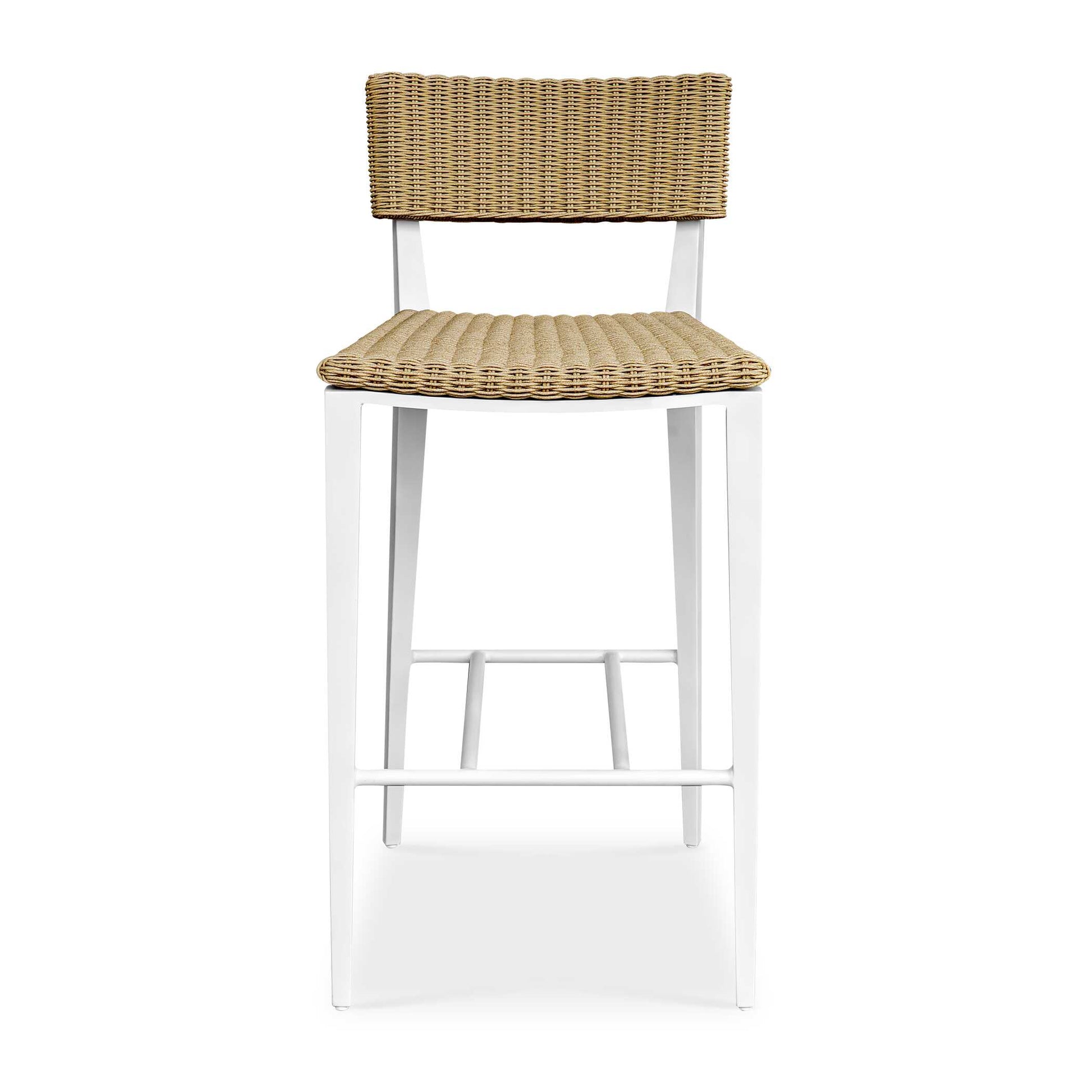The Calbas Bar Stool Perfectly Blends Style And Comfort. The Crisp White, Powder Coated Aluminum Frame And Hand Wrapped, Honey Toned All-weather Wicker Create A Harmonious Look That Will Enhance Any Outdoor Setting.