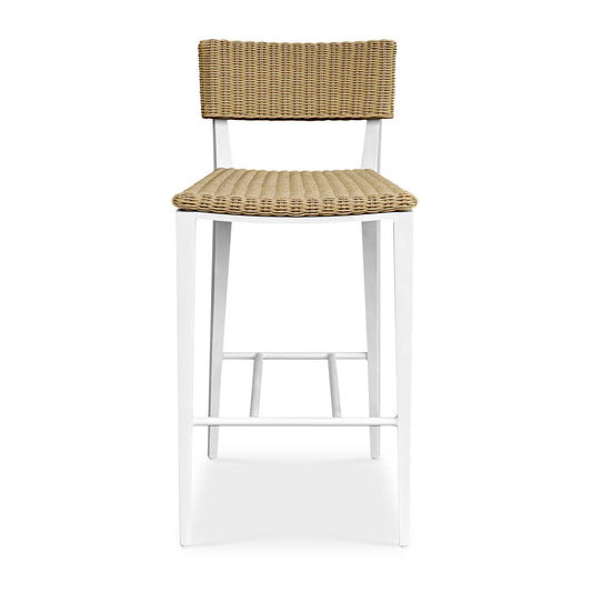 The Calbas Bar Stool Perfectly Blends Style And Comfort. The Crisp White, Powder Coated Aluminum Frame And Hand Wrapped, Honey Toned All-weather Wicker Create A Harmonious Look That Will Enhance Any Outdoor Setting.