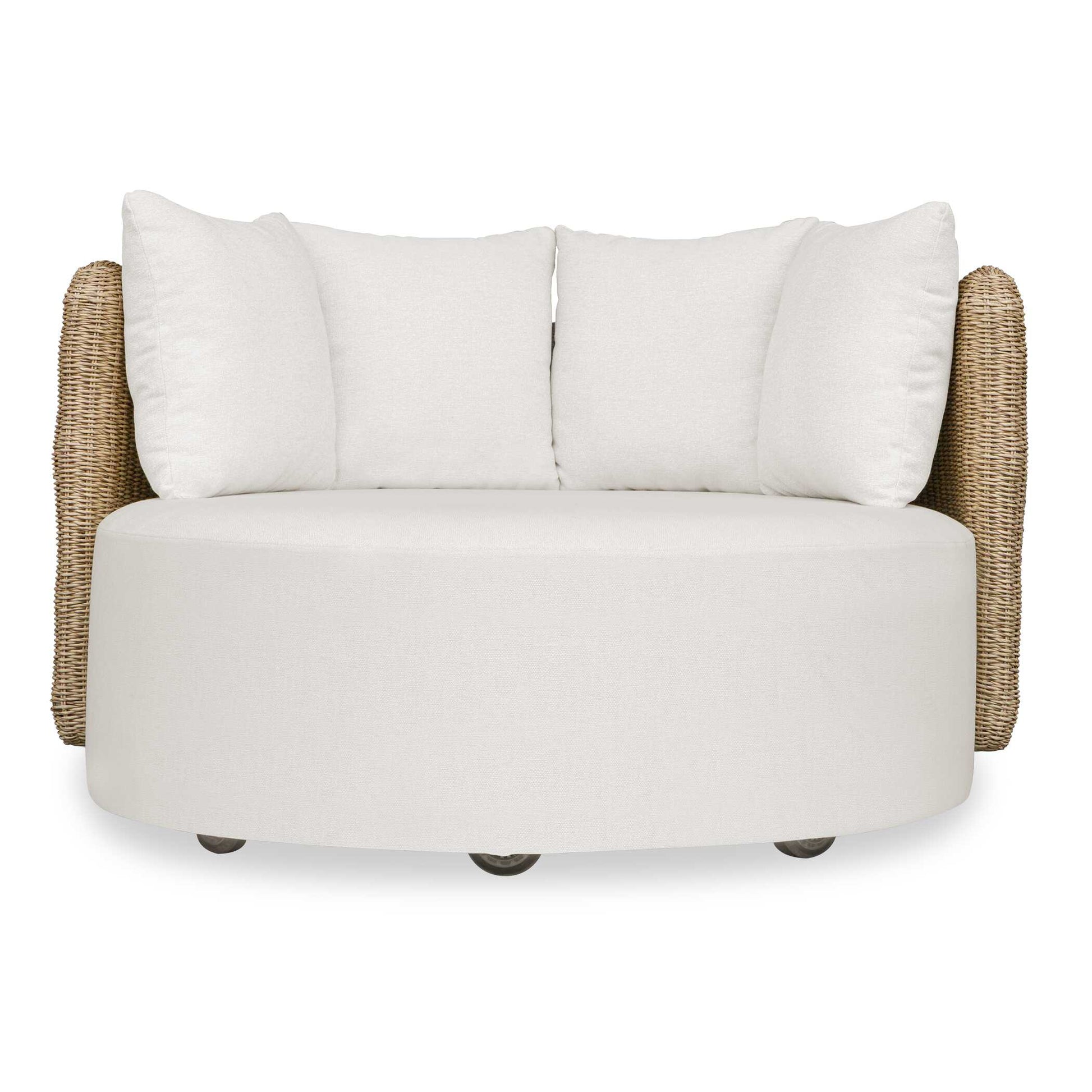 Unwind In The Sun With The Inviting Sunset Outdoor Swivel Day Bed. Featuring An Oversized, Sculpted Back That Is Hand Woven In Light Gray All-weather Wicker. Its Plush Seat And Throw Pillows Are Upholstered In Oyster White Solution Dyed Acrylic Fabric Designed To Withstand The Moisture And Dirt That Comes With Outdoor Use.