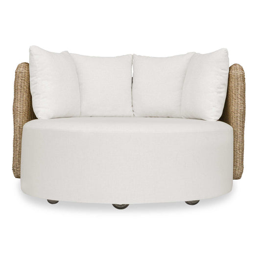 Unwind In The Sun With The Inviting Sunset Outdoor Swivel Day Bed. Featuring An Oversized, Sculpted Back That Is Hand Woven In Light Gray All-weather Wicker. Its Plush Seat And Throw Pillows Are Upholstered In Oyster White Solution Dyed Acrylic Fabric Designed To Withstand The Moisture And Dirt That Comes With Outdoor Use.