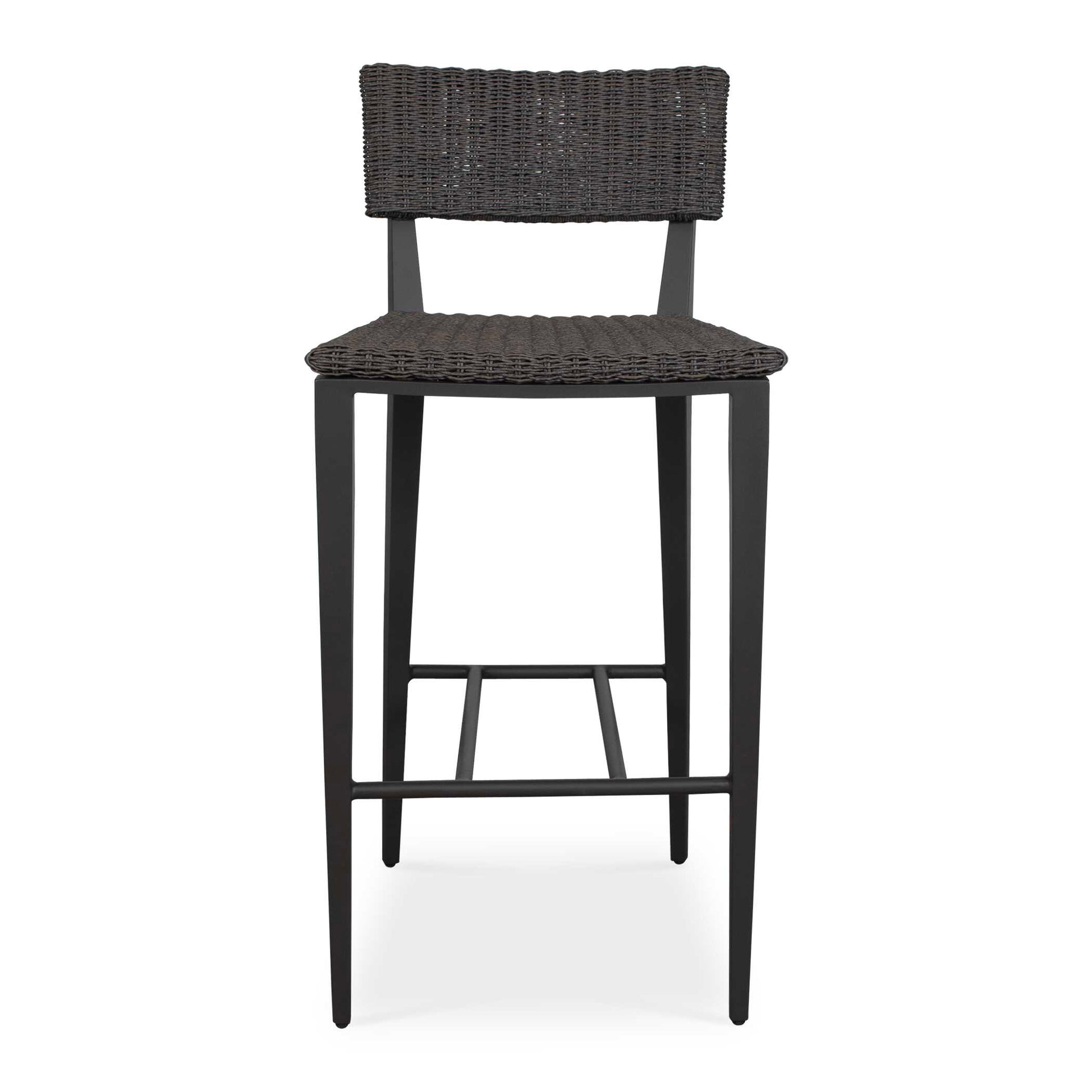 The Calbas Bar Stool Perfectly Blends Style And Comfort. The Java Black Powder Coated Aluminum Frame Is Hand Wrapped In A Textured Mocha All-weather Wicker Creating A Harmonious Look That Will Enhance Any Outdoor Setting.