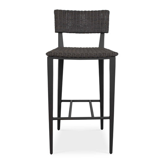 The Calbas Bar Stool Perfectly Blends Style And Comfort. The Java Black Powder Coated Aluminum Frame Is Hand Wrapped In A Textured Mocha All-weather Wicker Creating A Harmonious Look That Will Enhance Any Outdoor Setting.