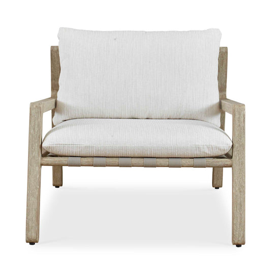 The Strapped Outdoor Lounge Chair Features A Casual, Laid Back Styling With A Mahogany Wood Frame In Cerused Wheat Accented With Taupe Back Straps Adding Function And Style. The Plush Cushions Are Upholstered In An Ivory Rattan Textured Sunbrella Solution Dyed Acrylic.