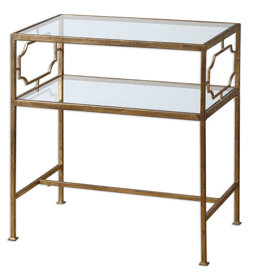 Featuring Elegant Forged Iron Decorated Sides, This Side Table Is Finished In Antique Gold Leaf With Clear Tempered Glass Top And Gallery Shelf.