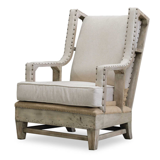 The Essence Of Bench-made Quality Is Tastefully Exposed In This Solid Mahogany Hardwood, Neatly Tailored Chair In Soft, Neutral Polyester. Individually Hammered Brass Nails Accent The Track Arms, While Traditional Upholsterer's Tacks Can Be Seen Edging The Tan Burlap Deck Against An Aged White Frame.