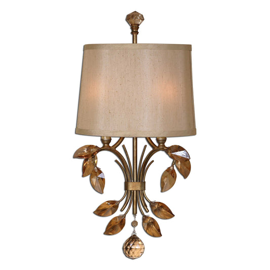 Burnished Gold Metal With Golden Teak Crystal Leaves And A Silken Champagne  Fabric Shade.