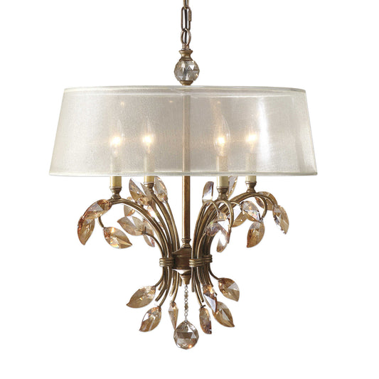 Burnished Gold Metal With Golden Teak Crystal Leaves And A Silken Champagne Sheer Fabric Shade.