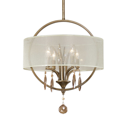 Burnished Gold Metal With Golden Teak Crystal Leaves And A Silken Champagne Sheer Fabric Shade.