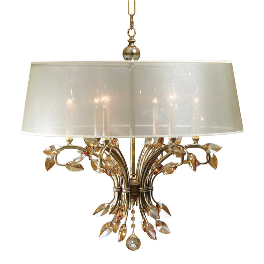 Burnished Gold Metal With Golden Teak Crystal Leaves And A Silken Champagne Sheer Fabric Shade.