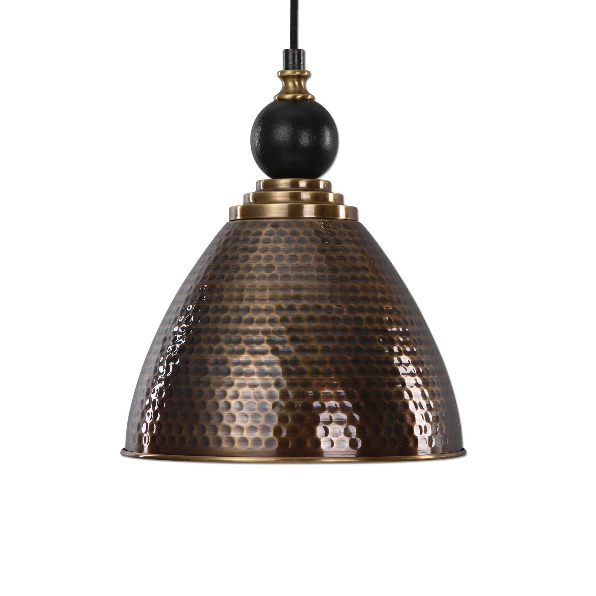 Hammered Antique Brass Finish On Metal Shade With Black Accent.