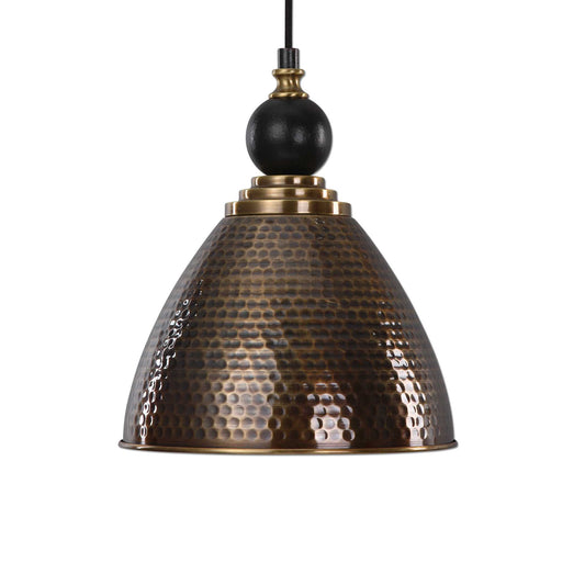 Hammered Antique Brass Finish On Metal Shade With Black Accent.