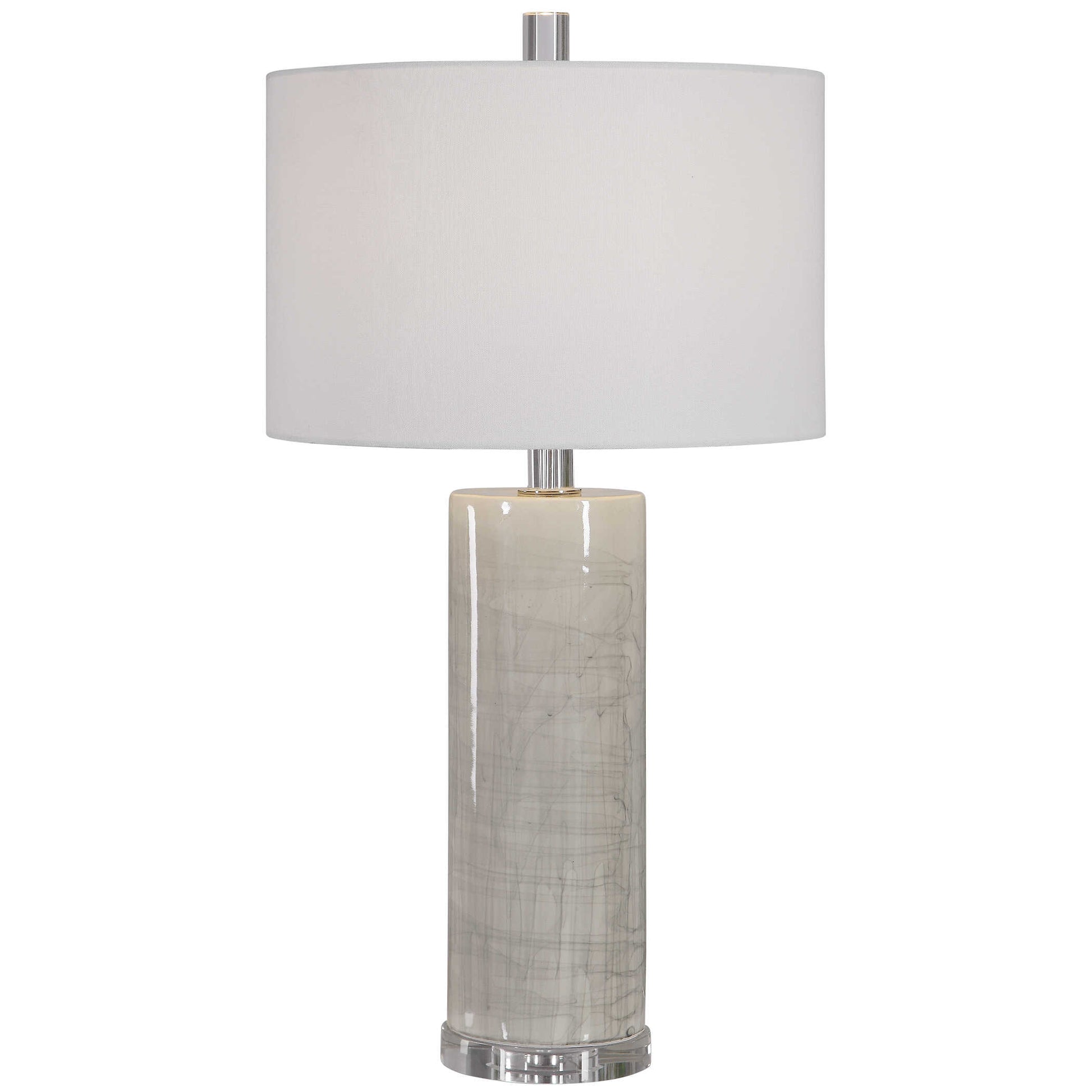 Modern In Design, This Ceramic Table Lamp Showcases A Neutral Beige Glaze With An Abstract Gray Drip Pattern, Paired With Elegant Crystal Details And Polished Nickel Plated Accents.