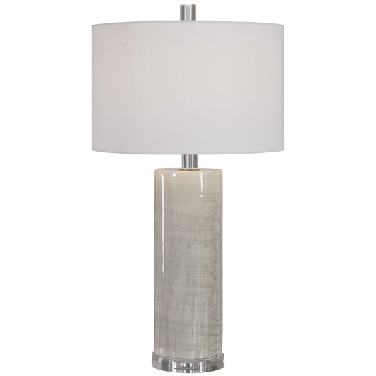 Modern In Design, This Ceramic Table Lamp Showcases A Neutral Beige Glaze With An Abstract Gray Drip Pattern, Paired With Elegant Crystal Details And Polished Nickel Plated Accents.