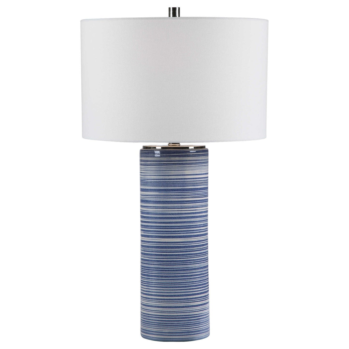 Showcasing Trendy White And Indigo Blue Hues, This Ceramic Table Lamp Has A Striped Glaze With Polished Nickel Accents.