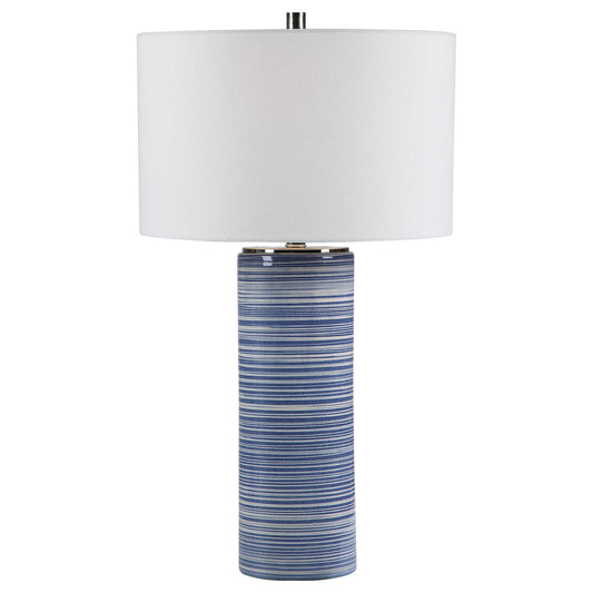 Showcasing Trendy White And Indigo Blue Hues, This Ceramic Table Lamp Has A Striped Glaze With Polished Nickel Accents.