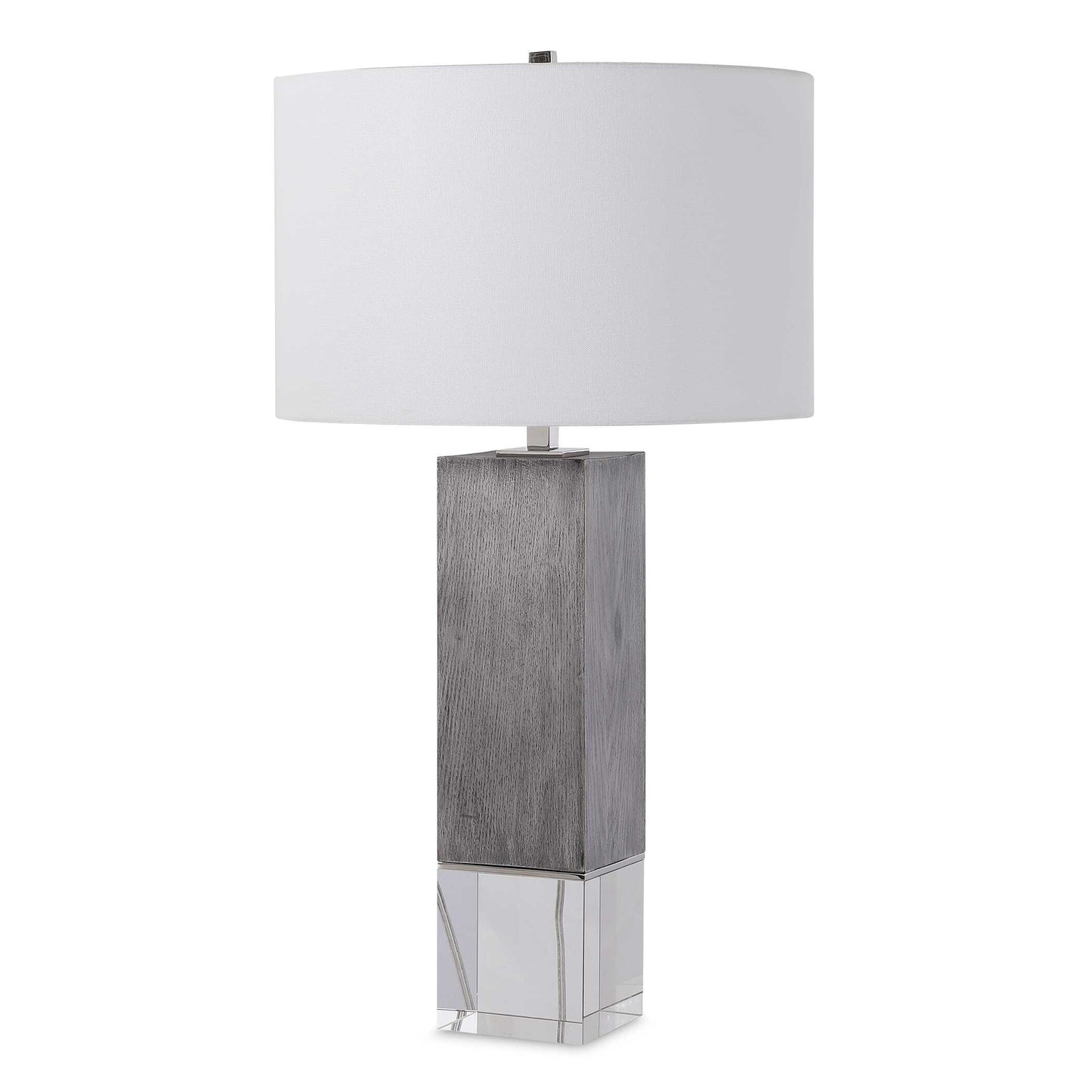 Inspired By Modern Lodge Style, This Table Lamp Features A Light Gray Oak Look, Accented By Polished Nickel Plated Details And A Crystal Foot That Elevate The Sophisticated Design.