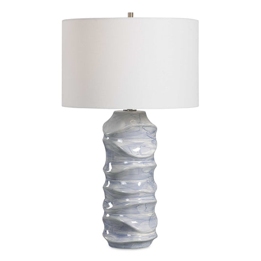 A Contemporary Take On Classic Blue And White Ceramics, This Table Lamp Features A Unique Sculpted Design With A Hand Applied Light Cobalt Blue Drip Glaze, Paired With Brushed Nickel Plated Details.