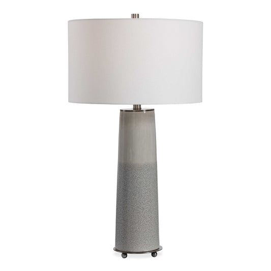 Sleek And Contemporary, This Ceramic Table Lamp Showcases A Two-tone Light Gray Glaze With A Gloss Sheen Top Half And A Textured Bottom Half, Complemented By Gunmetal Plated Accents.