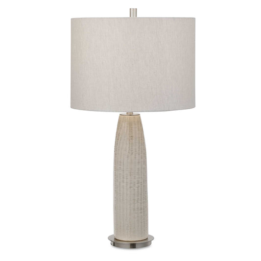 This Ceramic Base Keeps It Simple, Yet Upscale With A Fashionable Pattern Finished In A Distressed Light Gray Glaze, Paired With Brushed Nickel Plated Accents. The Hardback Drum Shade Is Light Gray Linen Fabric.