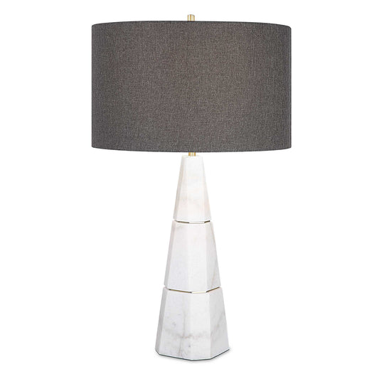 Modern Yet Classic, This Table Lamp Displays An Elegant White Honed Marble Base With Natural Gray Veining And Metal Accents Finished In Antique Brass.