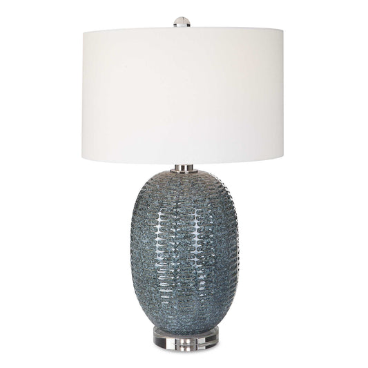 This Ceramic Table Lamp Features A Repeating Geometric Motif Finished In A Mottled Blue-green Glaze, Accented With Polished Nickel Details And A Thick Crystal Foot.