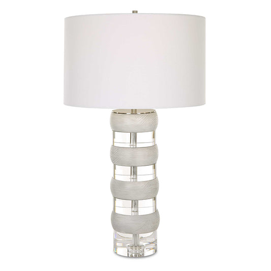 The Band Together Table Lamp Displays A Unique Pairing Of Stacked Thick Crystal And Bleached Wooden Discs, Accented By Brushed Nickel Plated Iron Details.