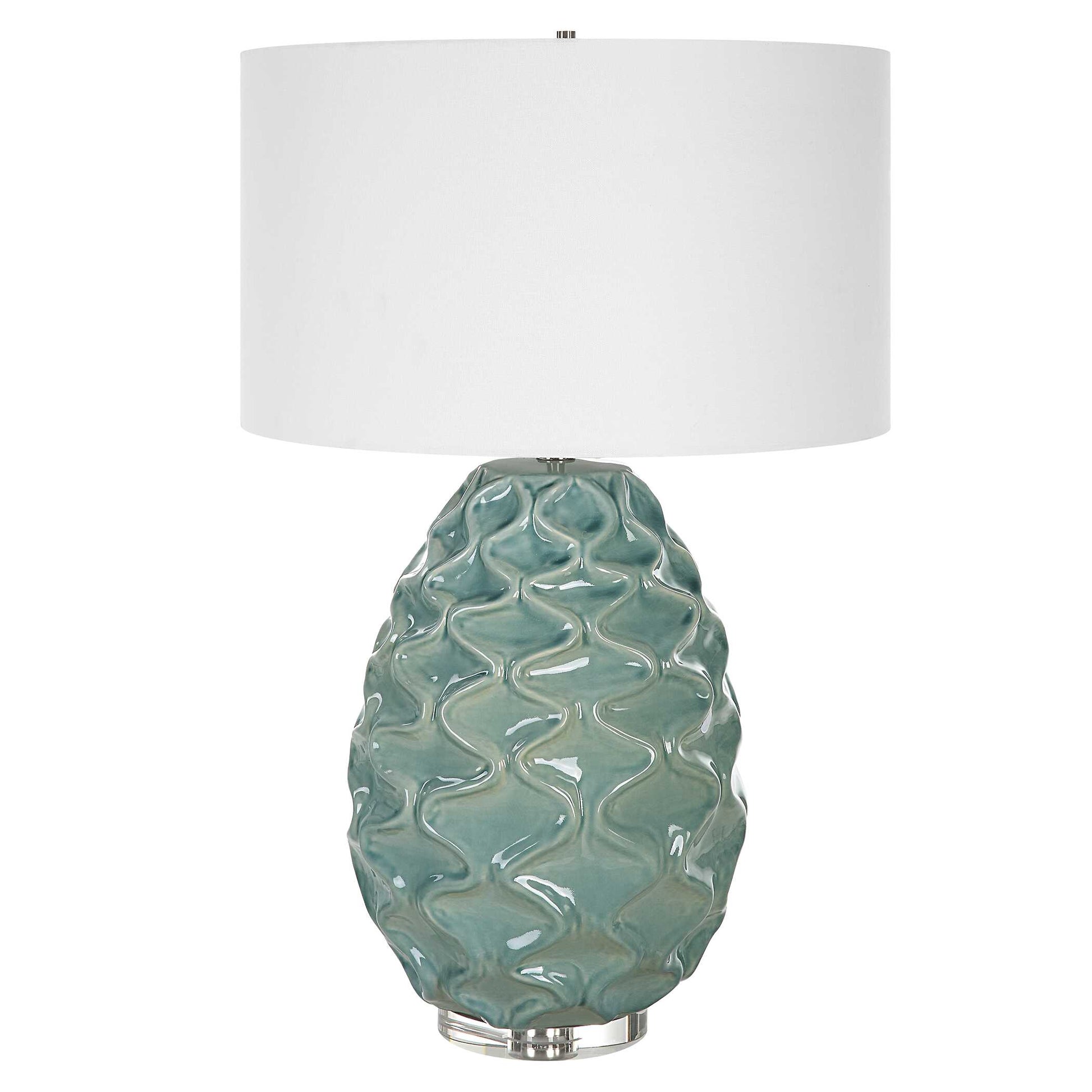 The Laced Up Table Lamp Is Handcrafted From Ceramic With Unique Raised Ribbon Details In A Sea Foam Gloss Glaze Atop A Thick Crystal Foot Paired With Brushed Nickel Plated Accents.