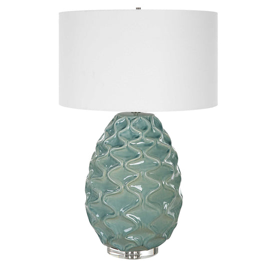 The Laced Up Table Lamp Is Handcrafted From Ceramic With Unique Raised Ribbon Details In A Sea Foam Gloss Glaze Atop A Thick Crystal Foot Paired With Brushed Nickel Plated Accents.