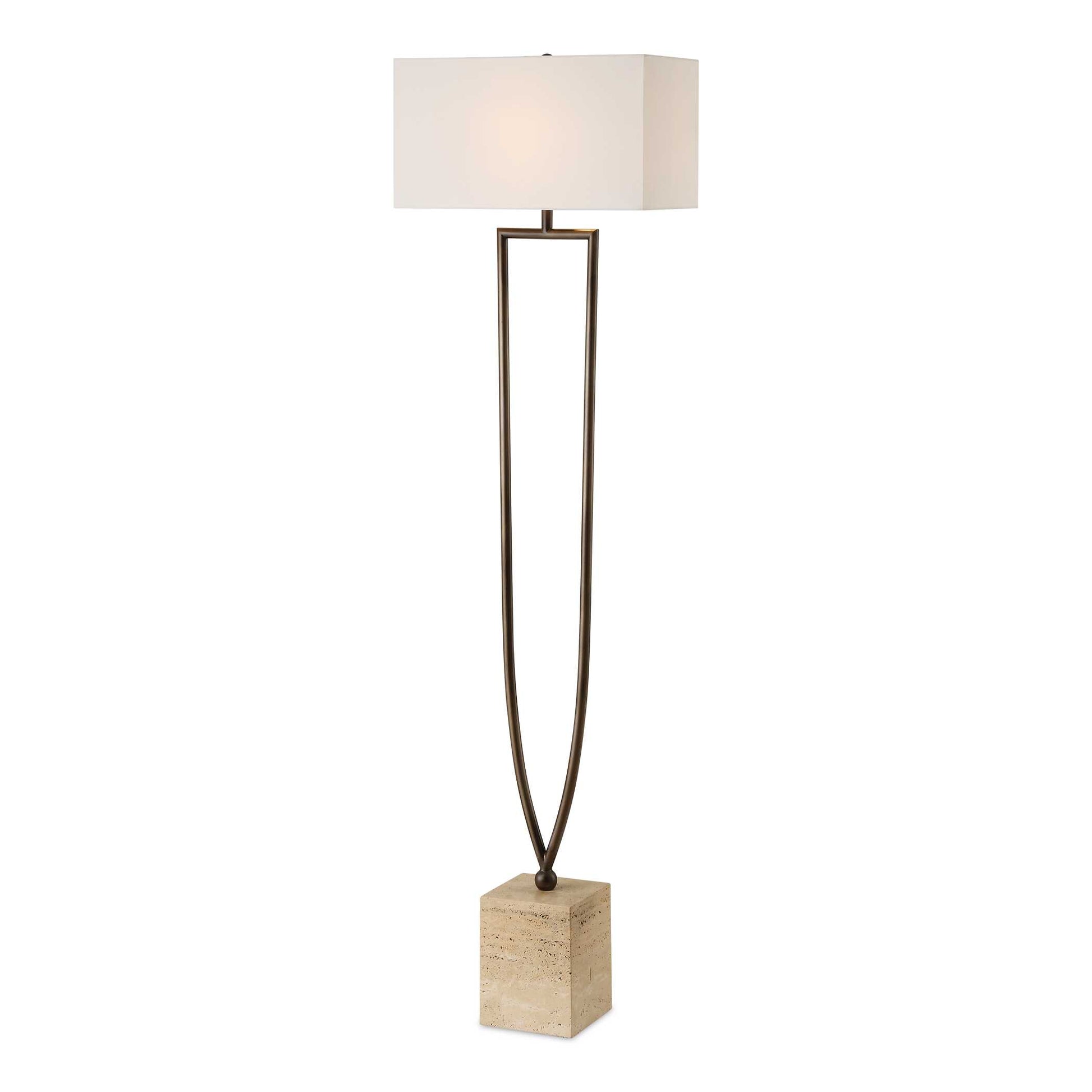 This Floor Lamp Features A Unique Split Iron Column Finished In A Warm Dark Bronze, Displayed On A Substantial Block Of Beige Travertine.
