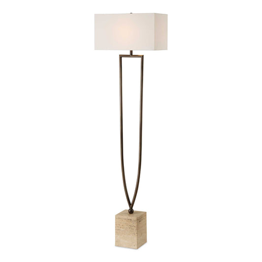 This Floor Lamp Features A Unique Split Iron Column Finished In A Warm Dark Bronze, Displayed On A Substantial Block Of Beige Travertine.