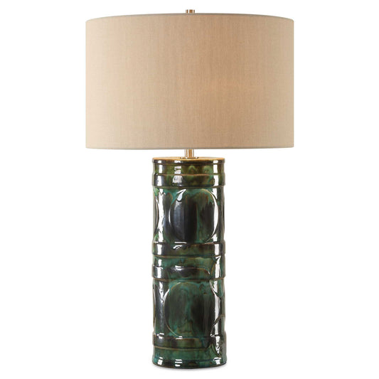 The Loch Table Lamp Features A Ceramic Base, Embellished With A Peacock Green And Slate Glaze, Adding A Sense Of Depth And Richness To Any Space. Light Rust Accents Provide A Touch Of Warmth, While Plated Brushed Nickel Hardware Adds A Contemporary Edge.  Due To The Nature Of Fired Glazes On Ceramic Lamps, Finishes Will Vary Slightly.