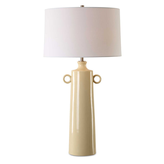 This Ceramic Lamp Boasts A Vase-like Shaped Base In A Pale Yellow Crackled Glaze, Accented With Plated Brushed Nickel Details.