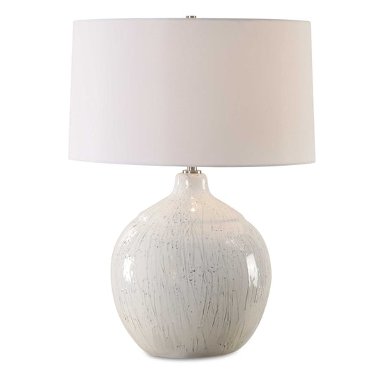 This Ceramic Table Lamp Features A White Glaze Finish With A Dripped Gray Texture, Paired With Plated Brushed Nickel Accents. Due To The Nature Of Fired Glazes On Ceramic Lamps, Finishes Will Vary Slightly.