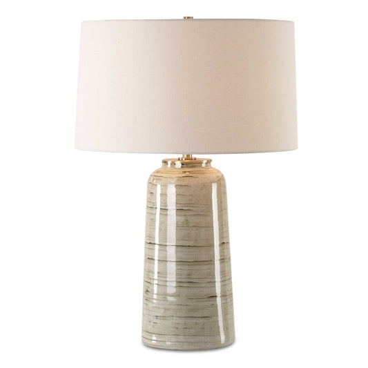 This Ceramic Table Lamp Features A Greenish Tan Glaze With Dark Undertones, Accented With Plated Antique Brass Details. Due To The Nature Of Fired Glazes On Ceramic Lamps, Finishes Will Vary Slightly.