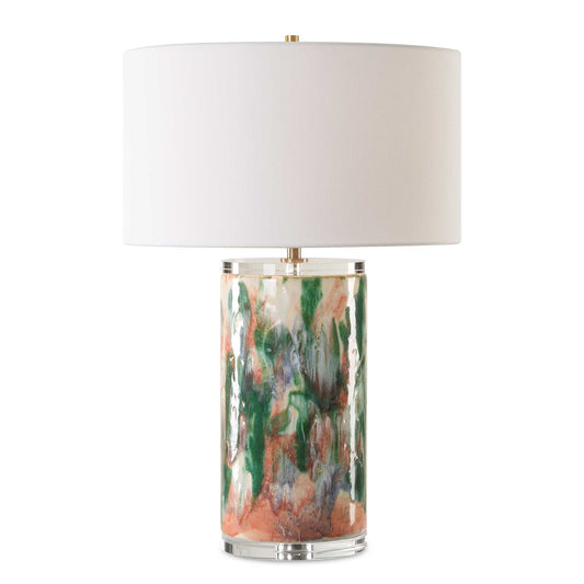 This Unique Ceramic Lamp Is Finished Like An Abstract Piece Of Art Featuring Shades Of Luscious Green, Hints Of Blues, Pops Of Salmon On A Off White Background, Paired With Thick Crystal Details And Plated Brass Accents. Due To The Nature Of Fired Glazes On Ceramic Lamps, Finishes Will Vary Slightly.