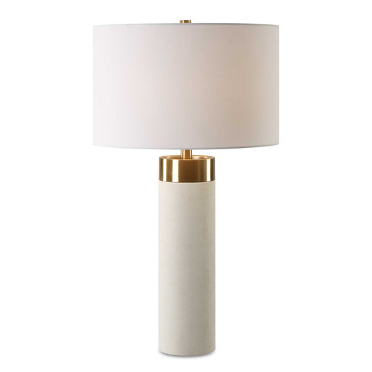 The Wessex Table Lamp Features A White Faux Shagreen Covered Base With Iron Accents Finished In A Plated Antique Brushed Brass.