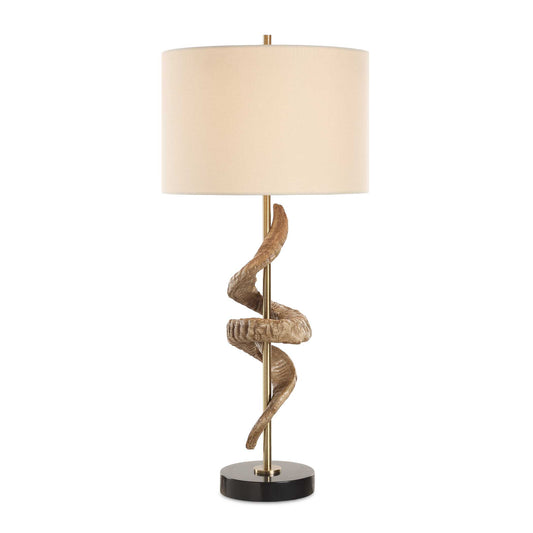 This Eye-catching Table Lamp Showcases A Sculpture Inspired By A Rams Horn Displayed Around A Plated Antique Brass Column And A Thick Black Marble Foot.