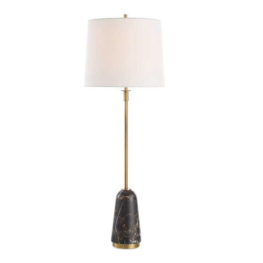 The Jenson Buffet Lamp Showcases A Striking Black Marble Base With Contrasting Brown And White Veining, Complimented With A Plated Brushed Brass Base.