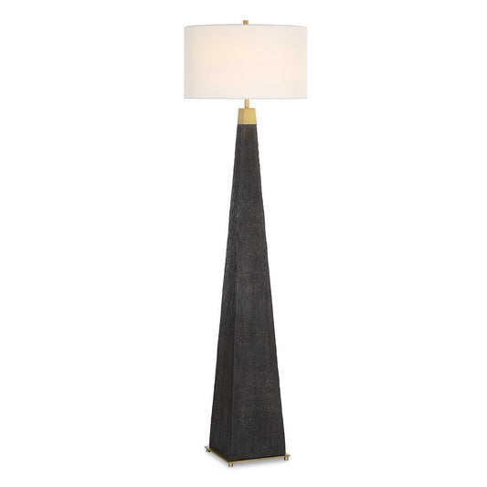 The Lathey Floor Lamp Showcases A Tapered Base With A Burned Wood Look Replicating The Timeless Shou Sugi Ban Technique Of Preserving Wood, Accented With Plated Brass Details.
